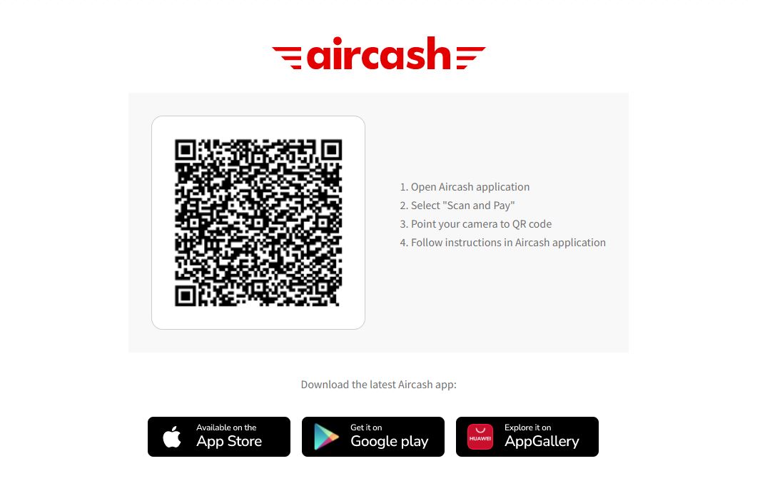 Generated QR code and payment instructions for Aircash payment option.