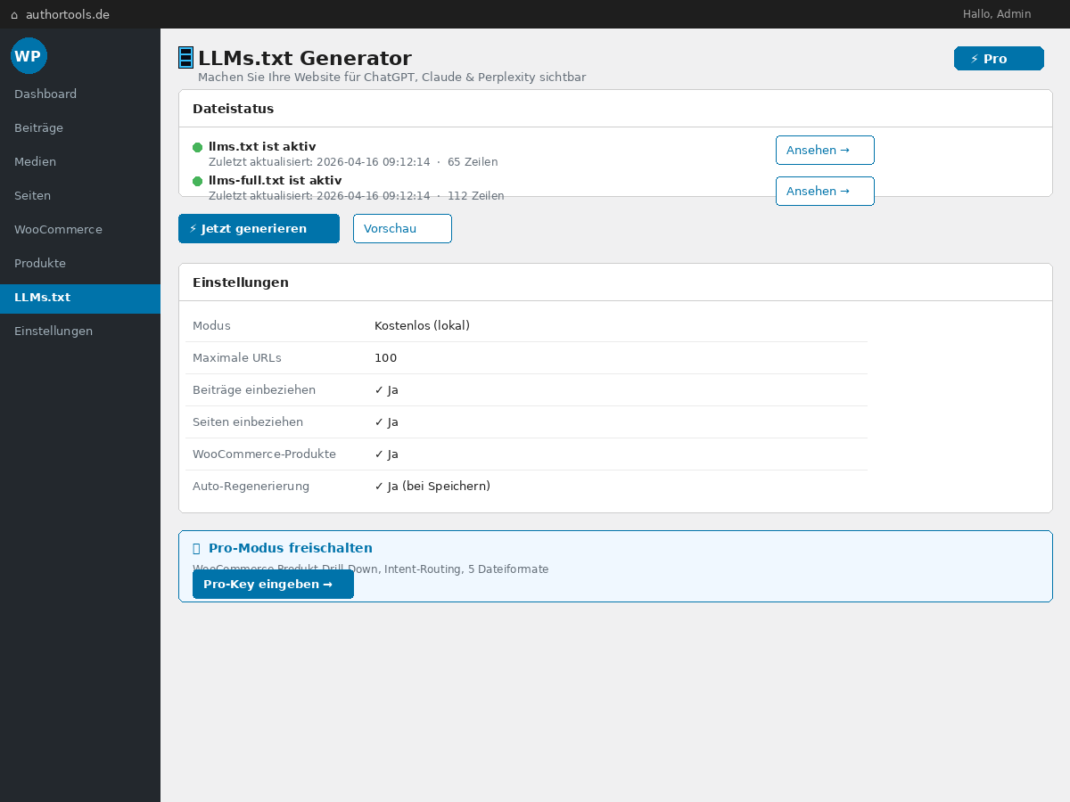 Vorschau der generierten llms.txt-Datei mit Markdown-Struktur / Preview of the generated llms.txt file with Markdown structure