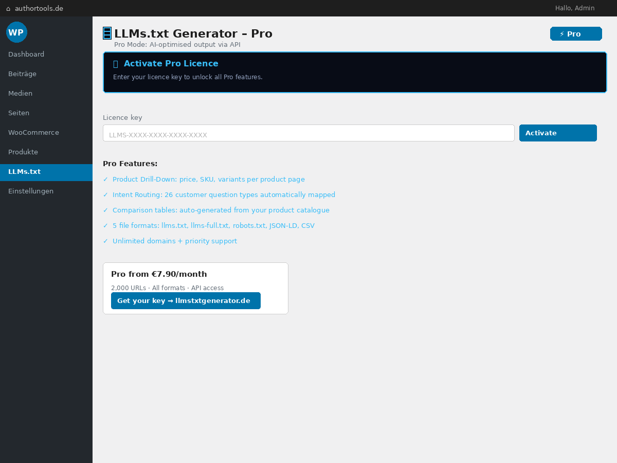 WooCommerce-Produktbereich im generierten Output — Preise, Lagerstatus und Beschreibungen automatisch einbezogen / WooCommerce product section in generated output — prices, stock status and descriptions included automatically
