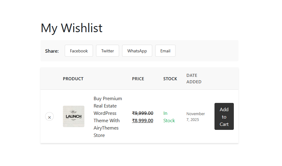Airy Wishlist table layout dispaly