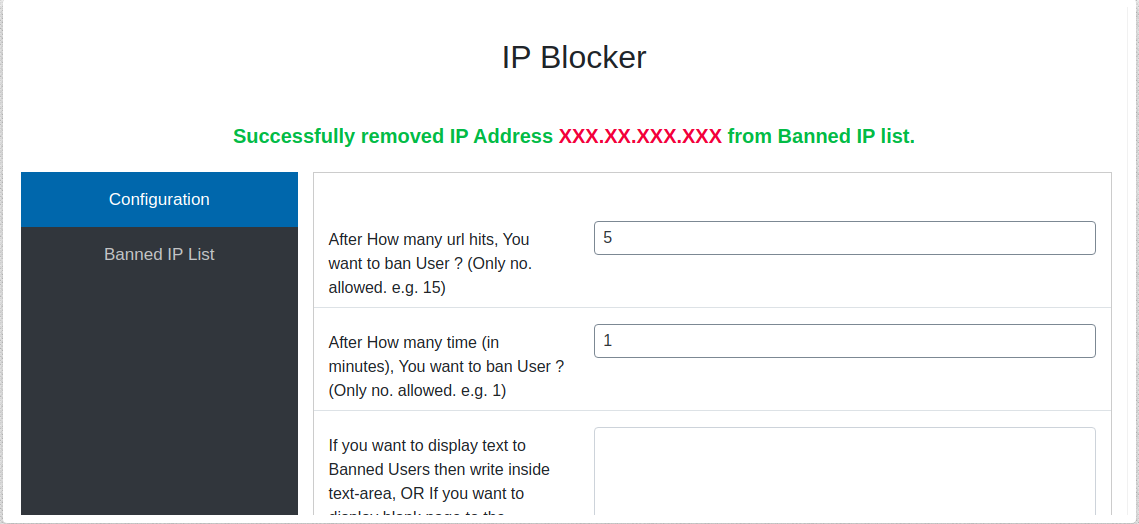After unblock IP info. message