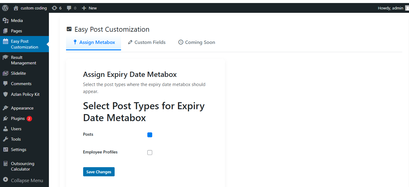Expiry date metabox on a post edit screen — set date and choose on-expiry action (Draft, Trash, Delete, Redirect).