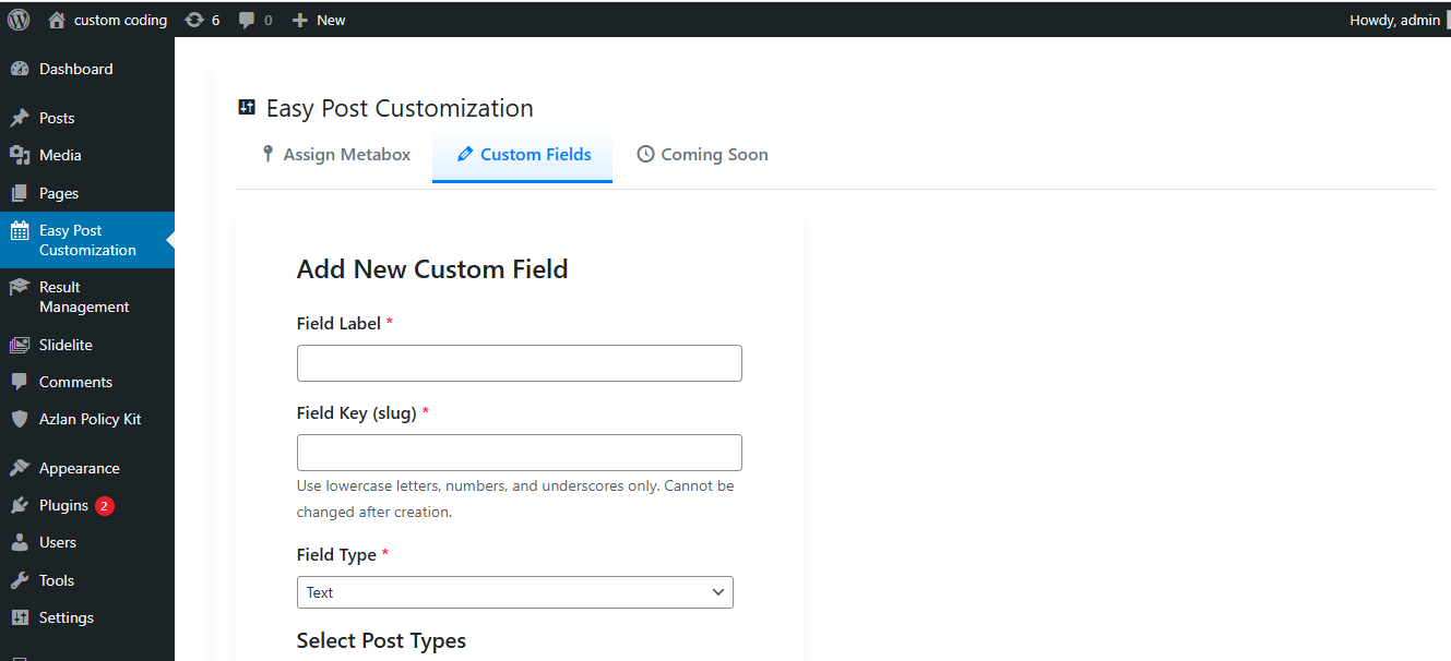 Custom fields metabox showing text, textarea, and date field types on a post edit screen.