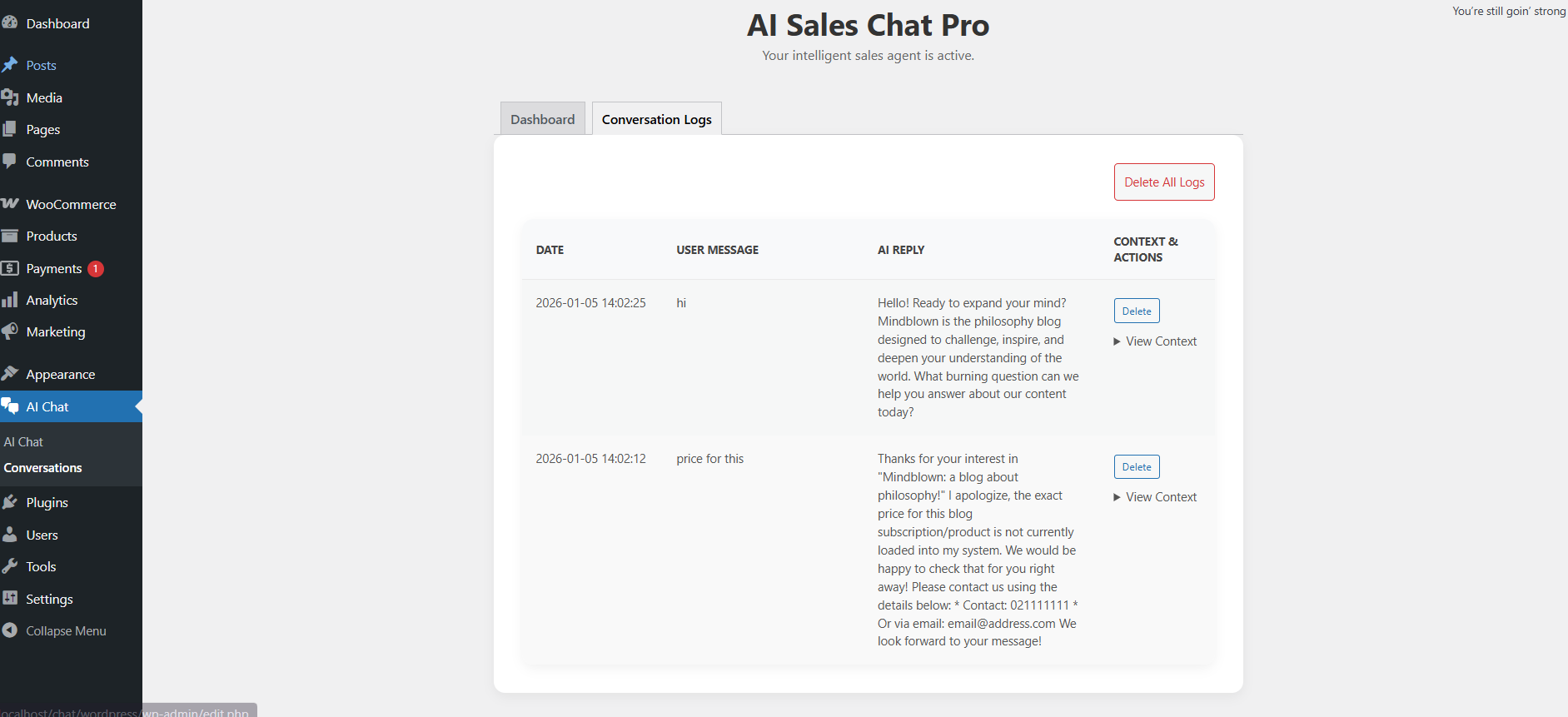 **Conversation Logs:** View user interactions and AI responses.