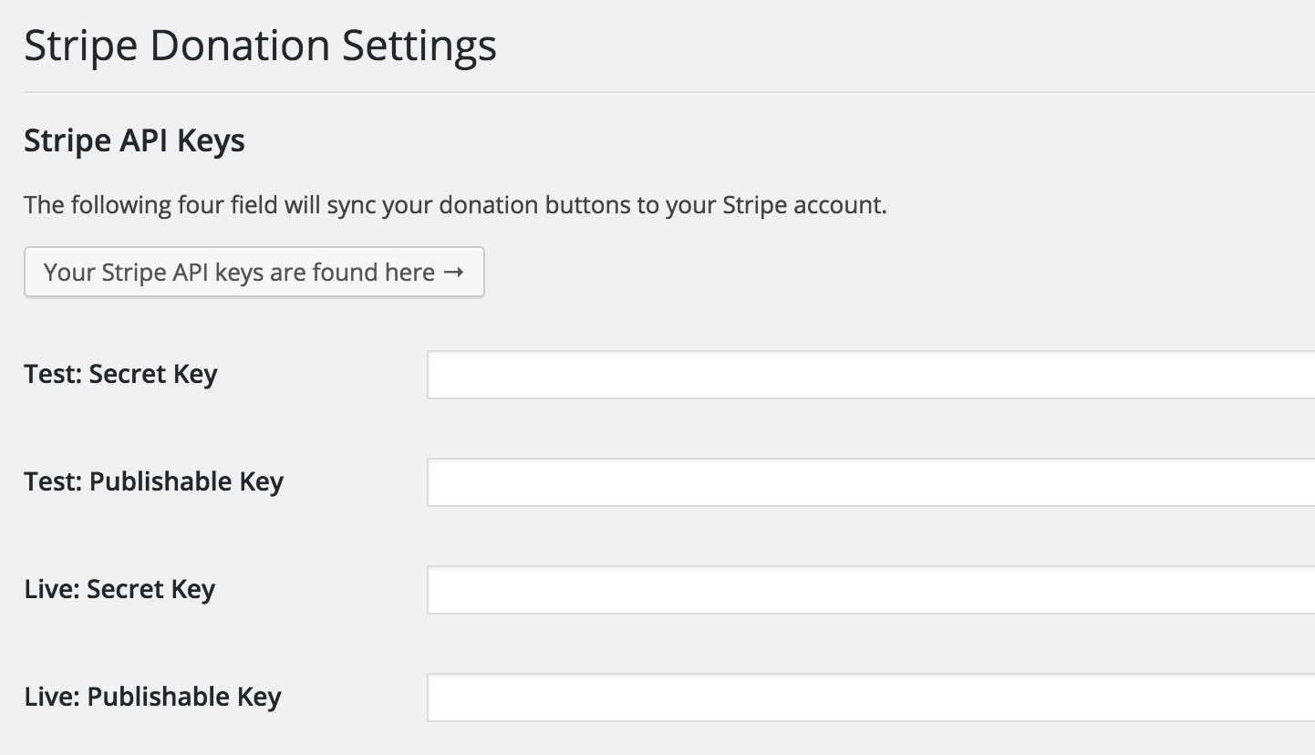 Stripe settings, found in the admin under ‘Settings’ -> ‘Stripe Donation’
