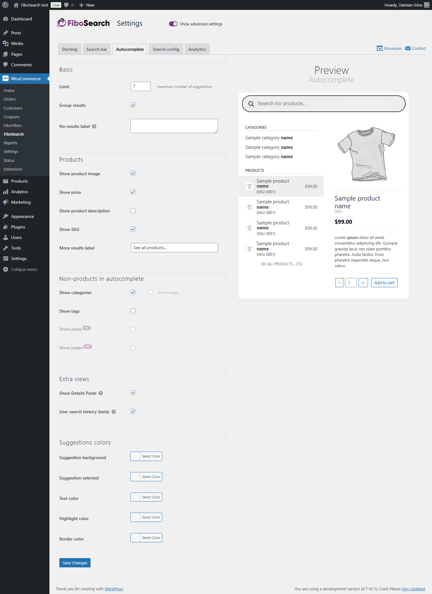 Sample settings page (Autocomplete tab)