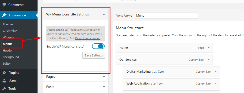 Screenshot 1 - WP Menu Icons Lite Main Settings - Enable/Disable Options