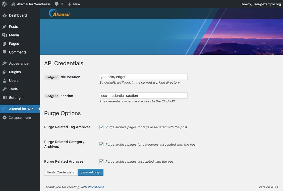 Akamai for WordPress Settings screen