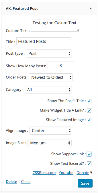A Screen shot of the widget configuration form