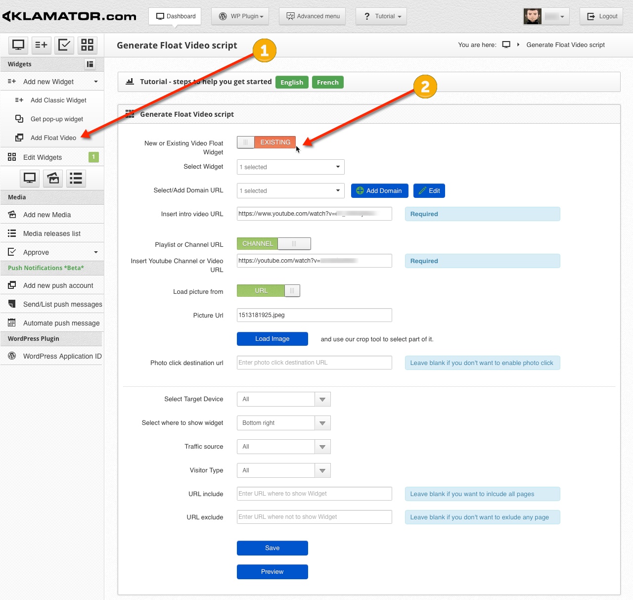 Aklamator Float Video plugin configuration