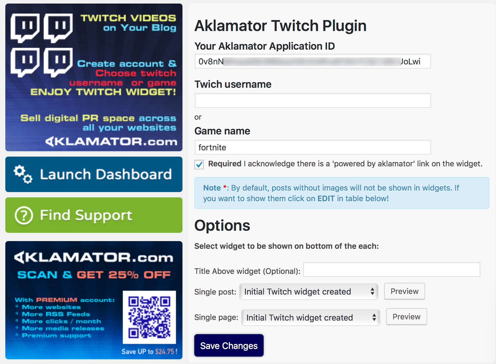 Aklamator Twitch Video plugin configuration