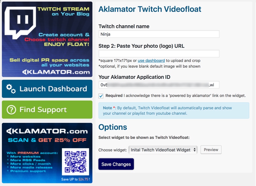 Aklamator Twitch Float Video plugin configuration