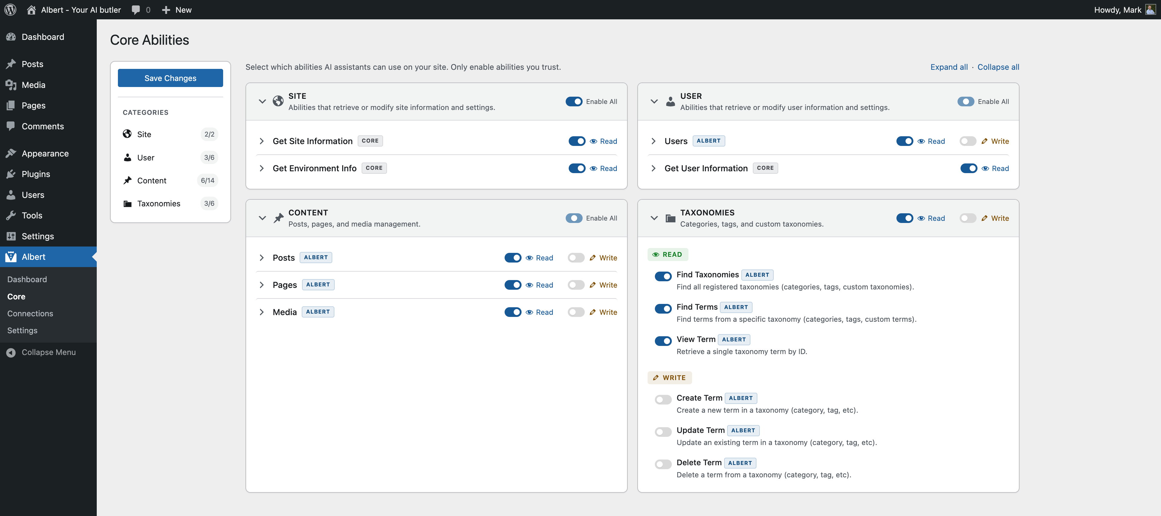 Abilities page — toggle read and write permissions per content type