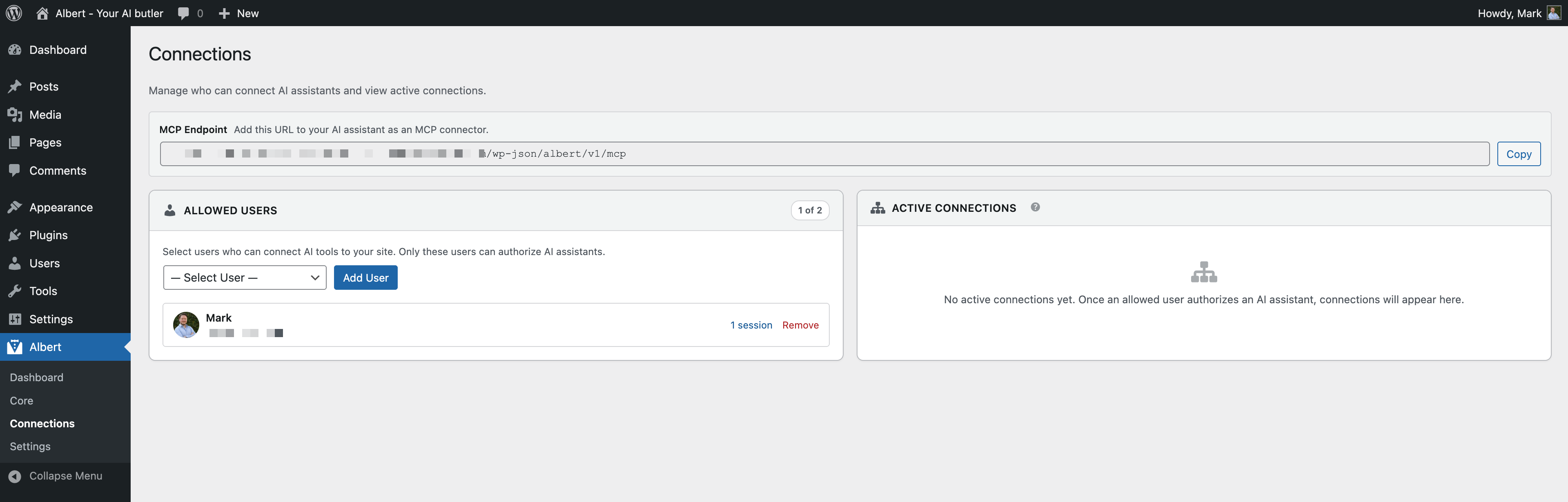 Connections page — manage allowed users and active AI assistant connections