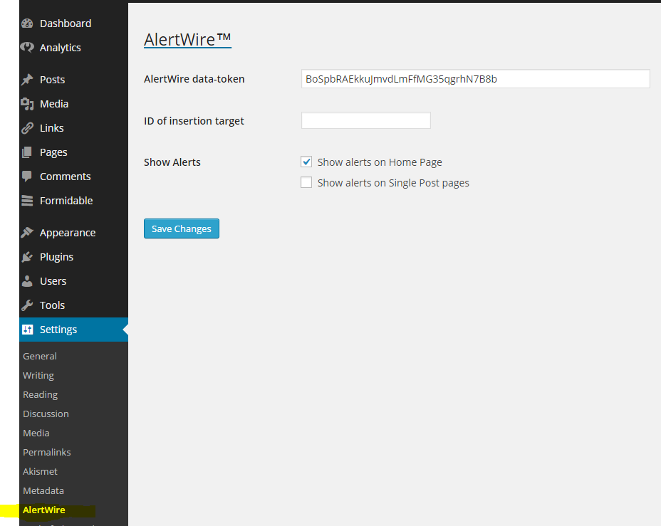 The plug-in settings screen, where you enter the `data-token` and select into what pages the script is injected.