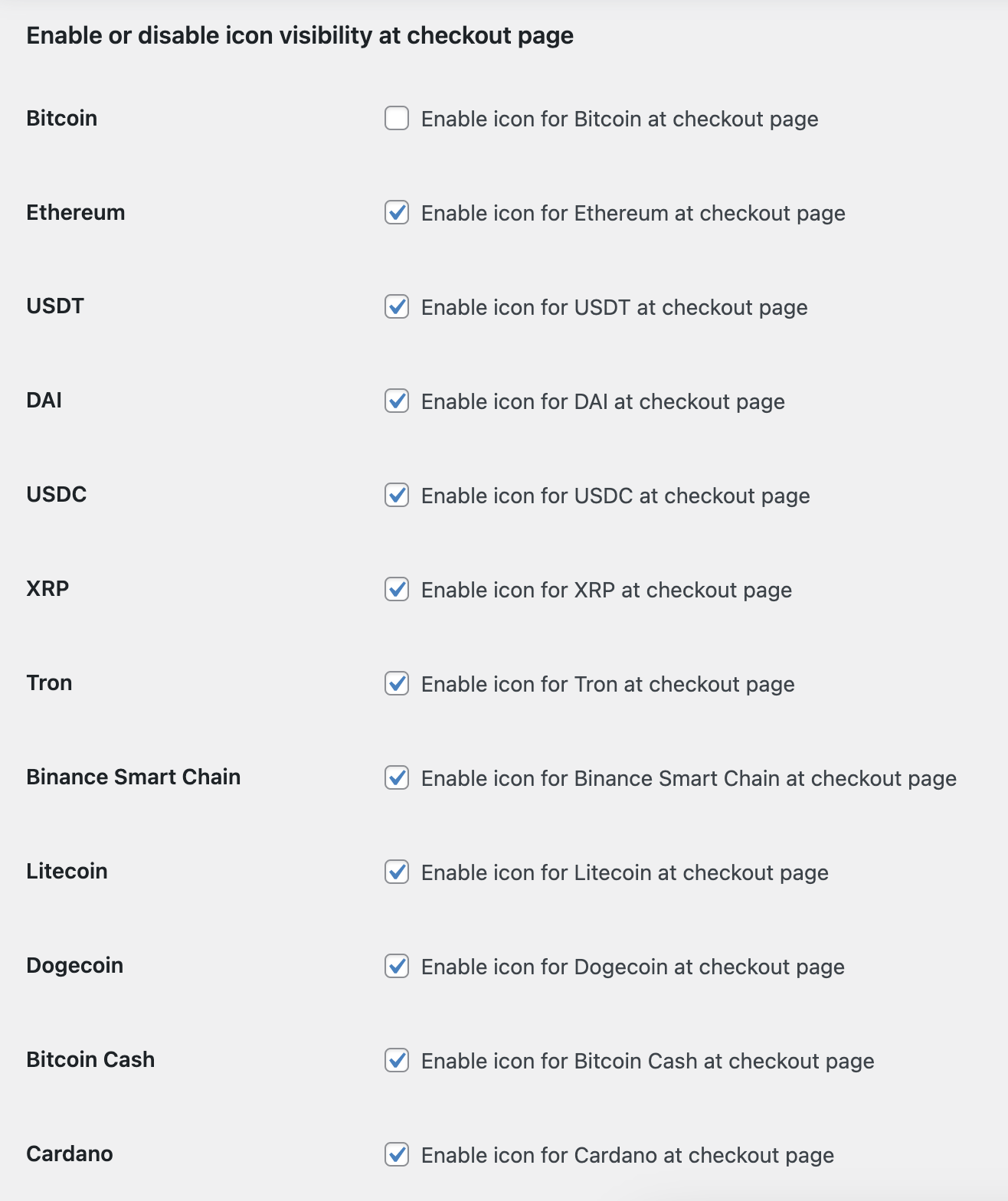 The option to choose from available cryptocurrency icons on the checkout page.