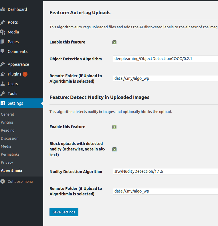 You can manage these settings in the Settings->Algorithmia admin panel.