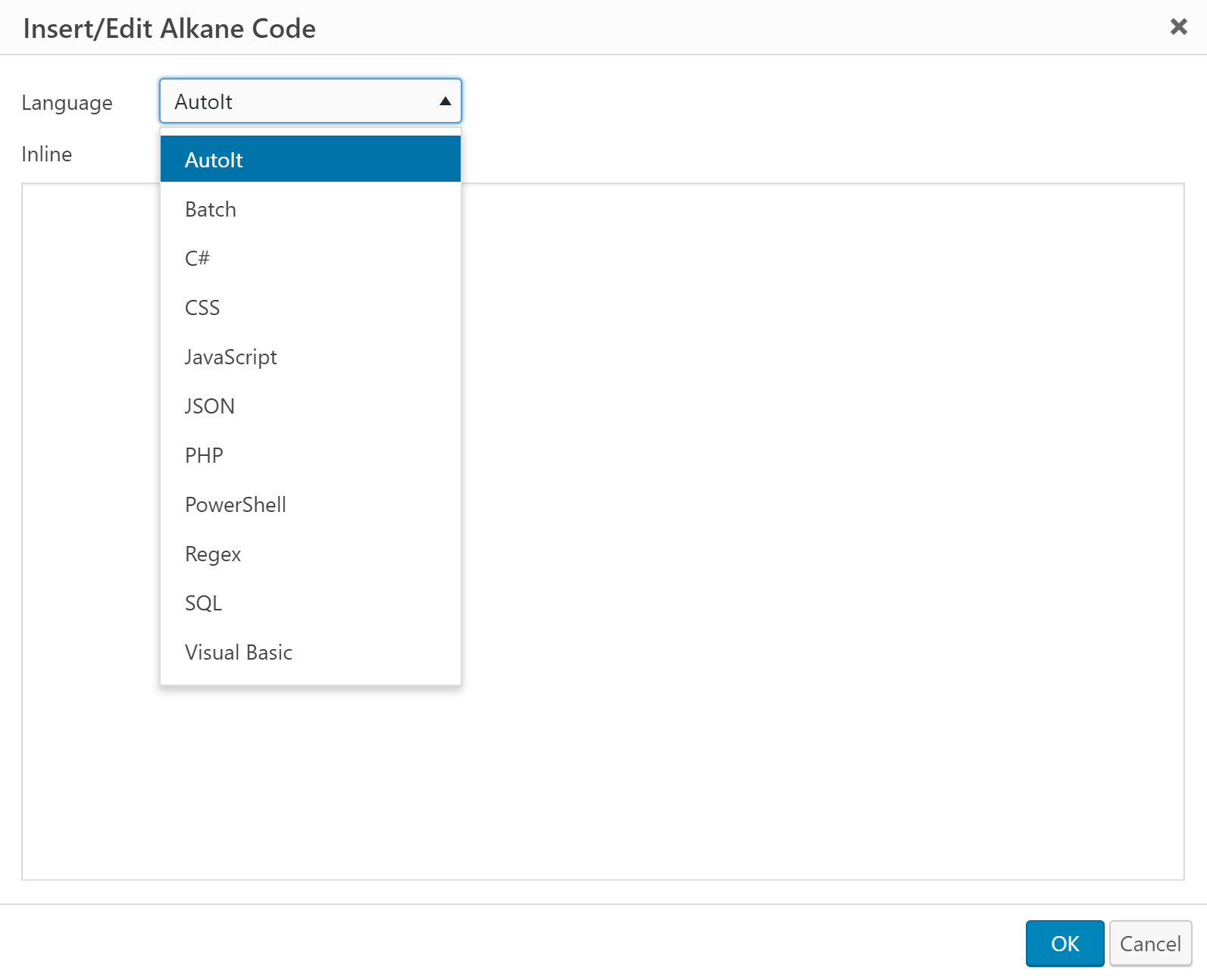 Alkane Code code editor in TinyMCE.
