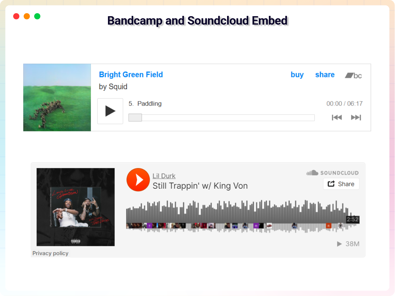 Bandcamp and Soundcloud Embed