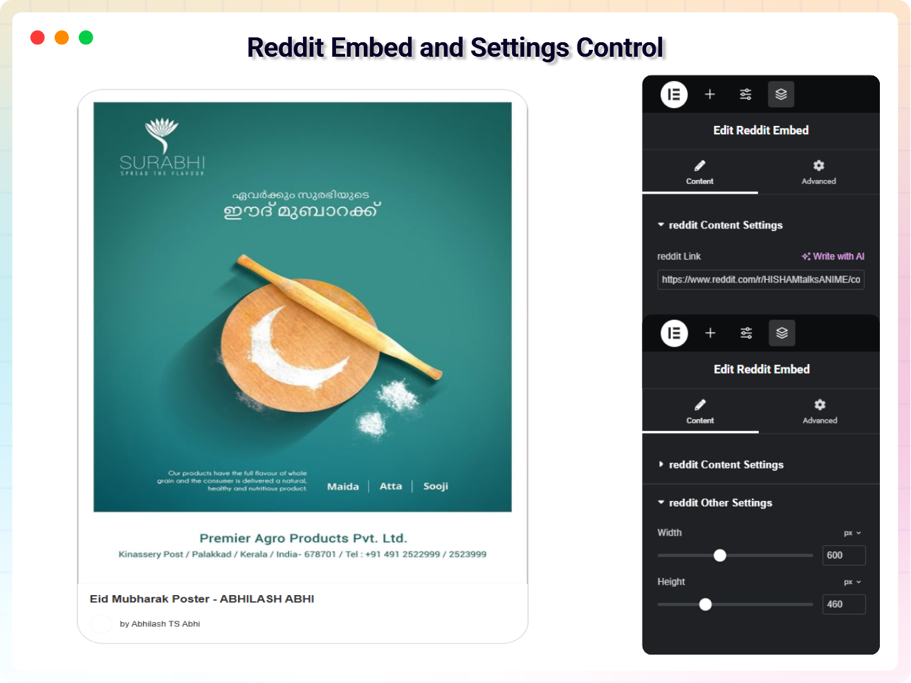 Reddit Embed and Settings Control