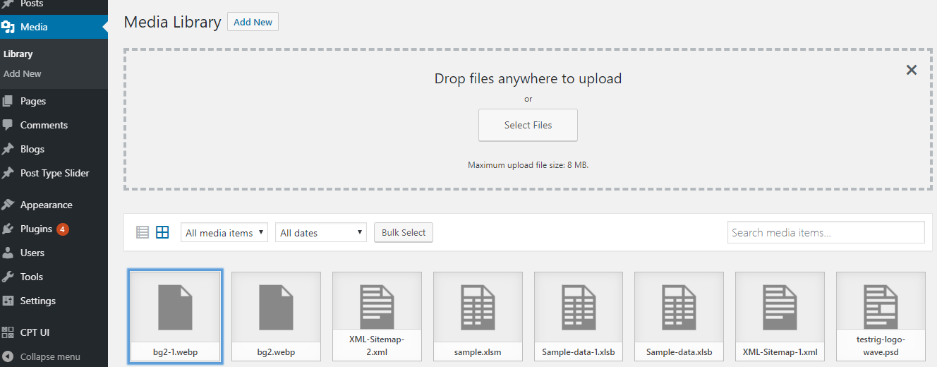 Upload files in media library