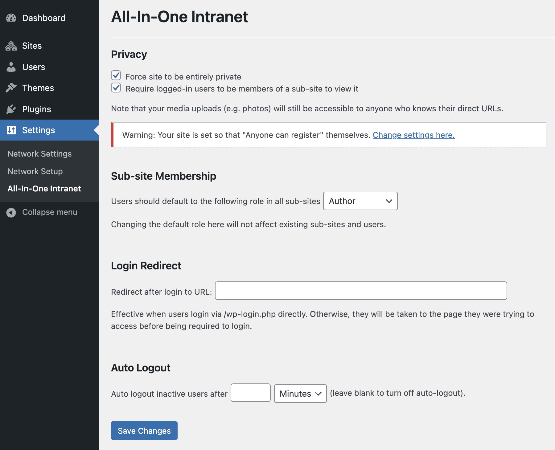 Network-specific settings page to configure intranet.