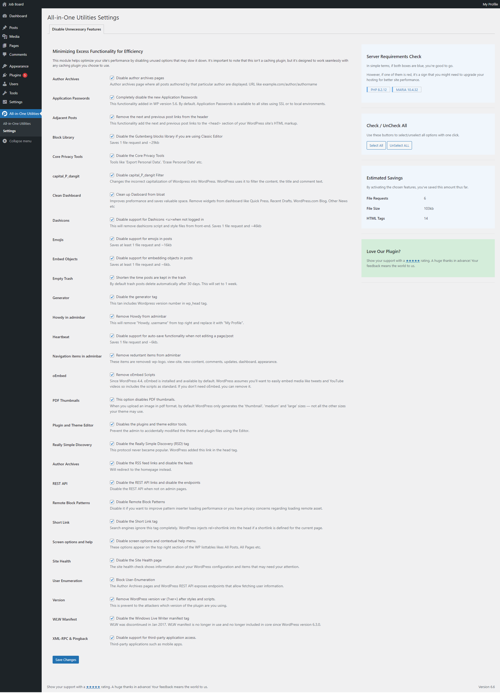 Settings for disabling unnecessary features of the WordPress core to reduce the bloating and improve loading time.