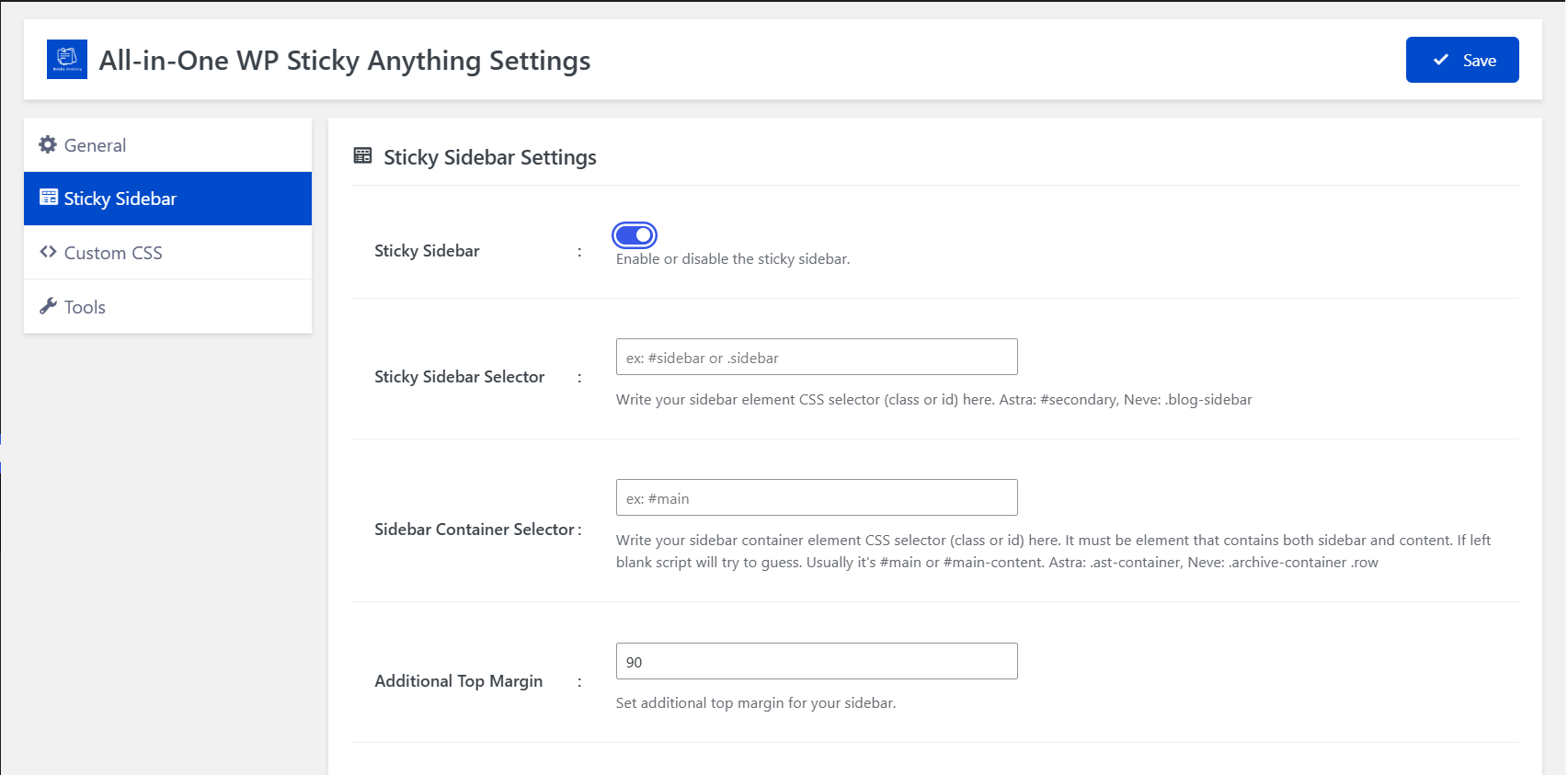 Sticky Sidebar Settings