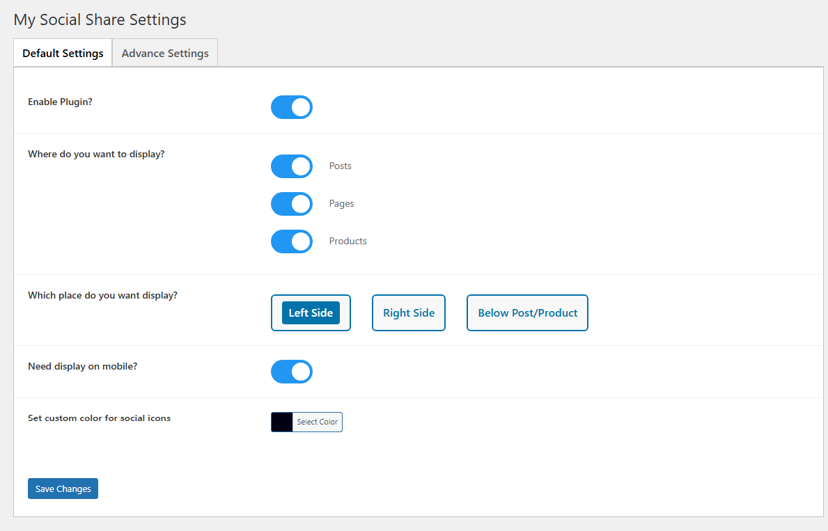 Admin settings panel – basic