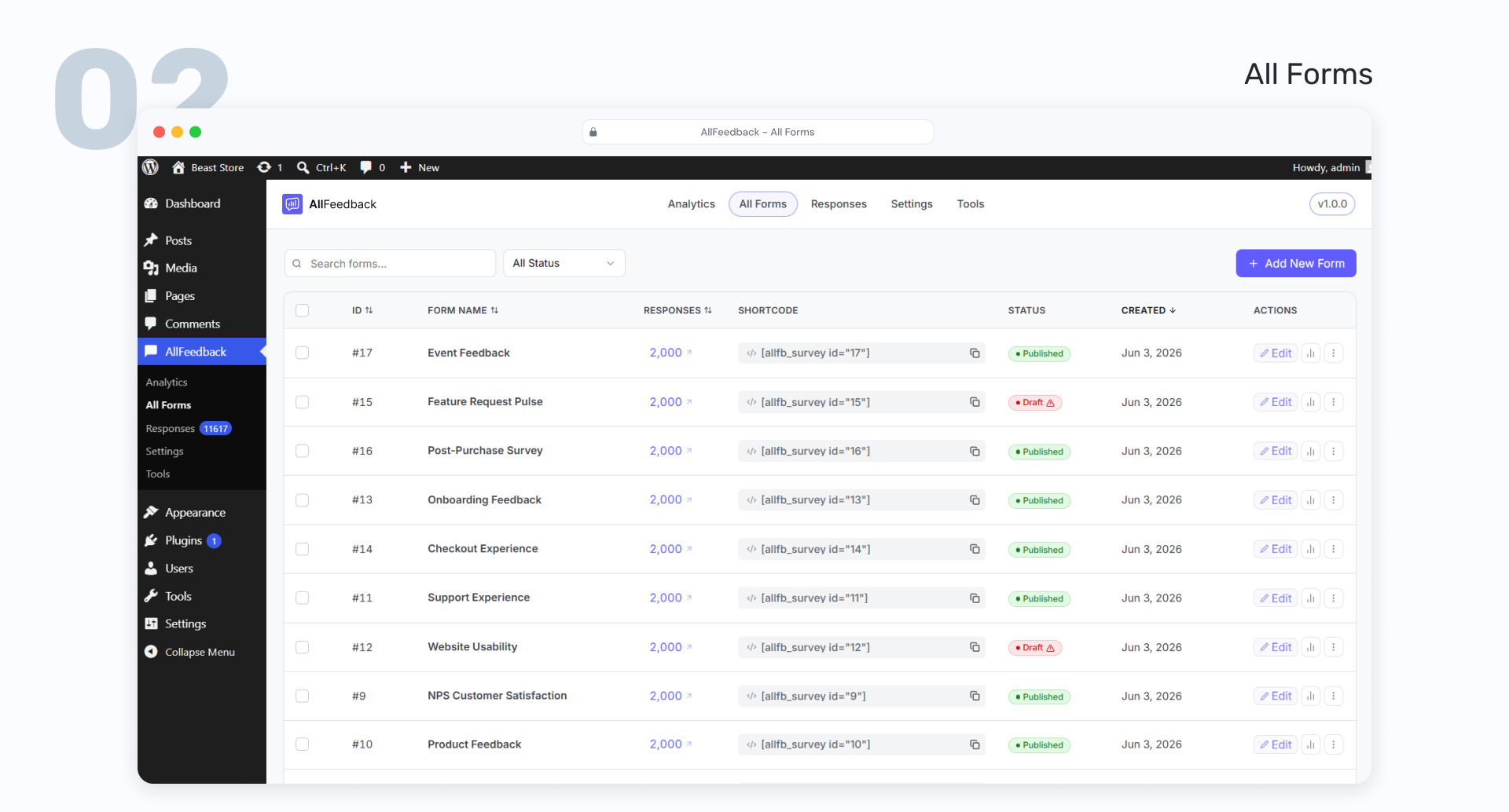 All Forms — manage every feedback form from one list, with status, responses, and shortcodes.