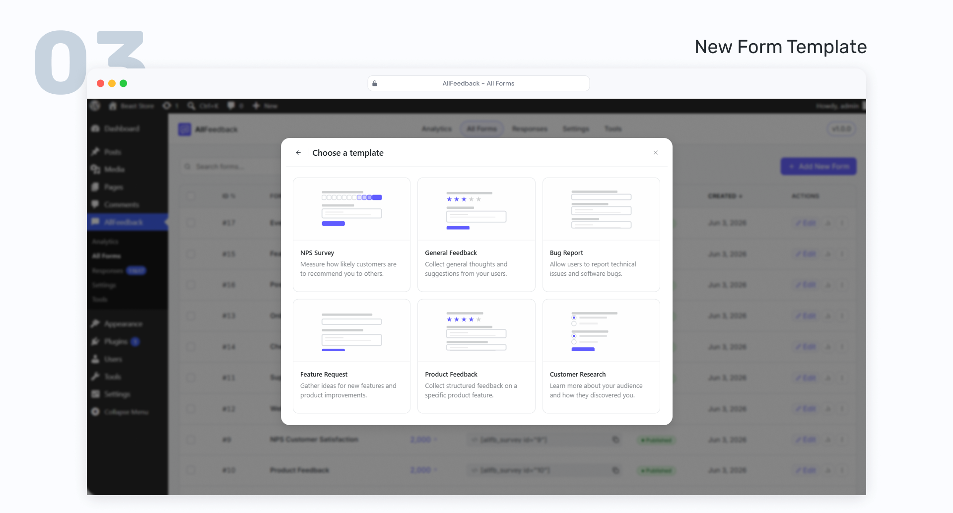 Template library — start a new form from ready-made templates (NPS, General Feedback, Bug Report, and more).