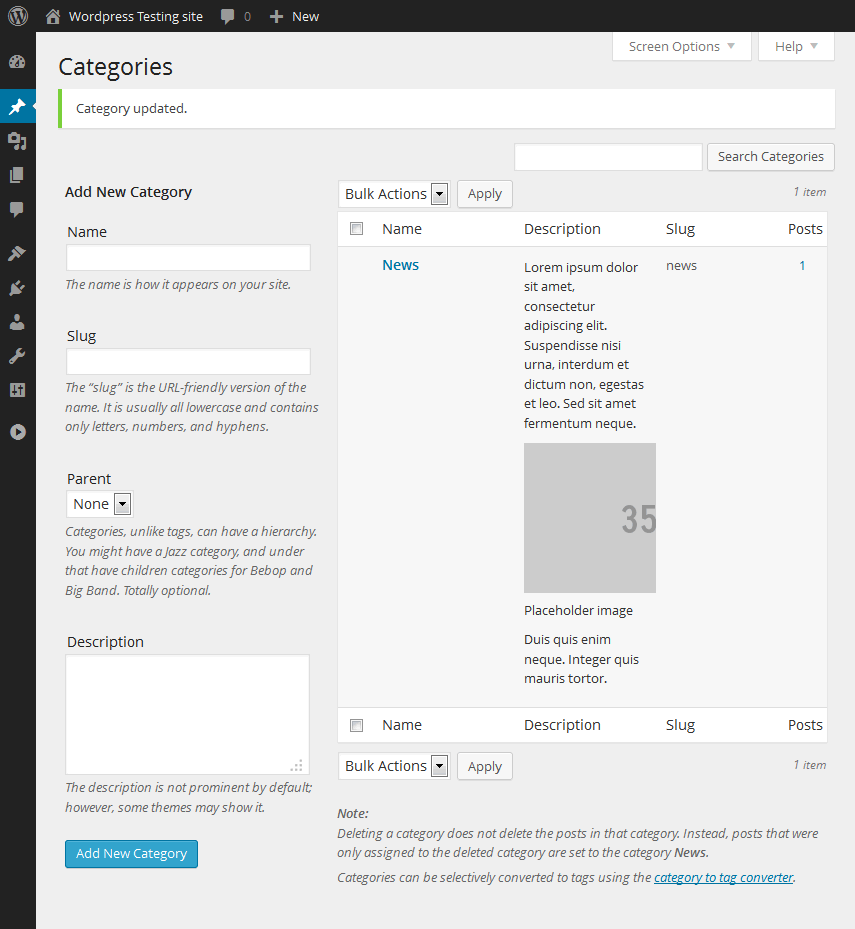 A preview of the category description in the category list admin screen