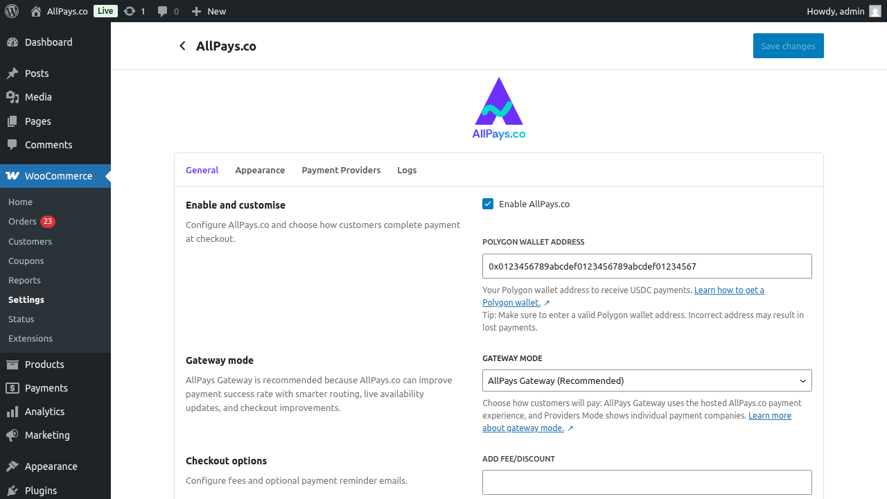 AllPays.co settings (General)