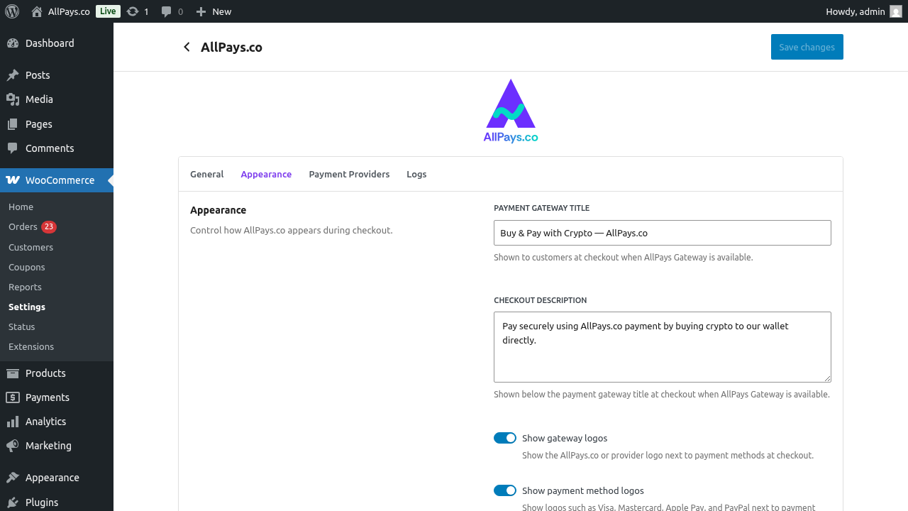 AllPays.co settings (Appearance)