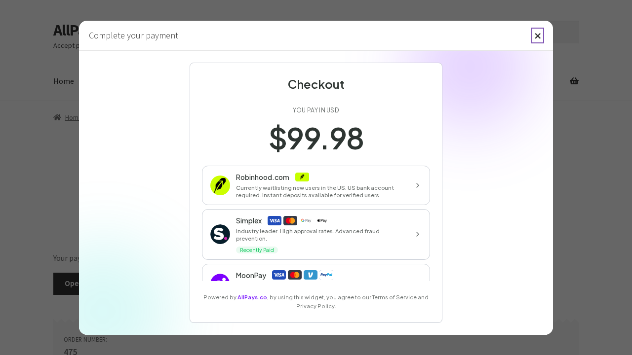 Order-pay page with hosted AllPays iframe modal
