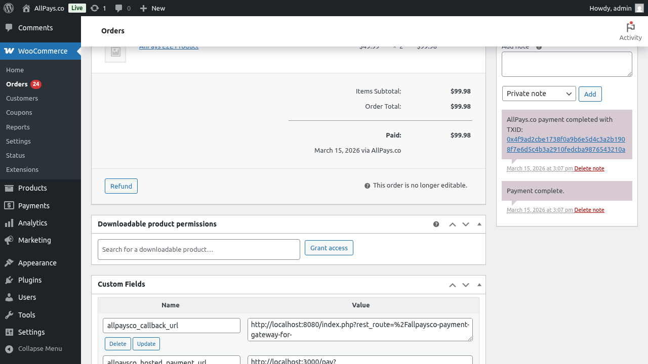 Admin order details after successful callback