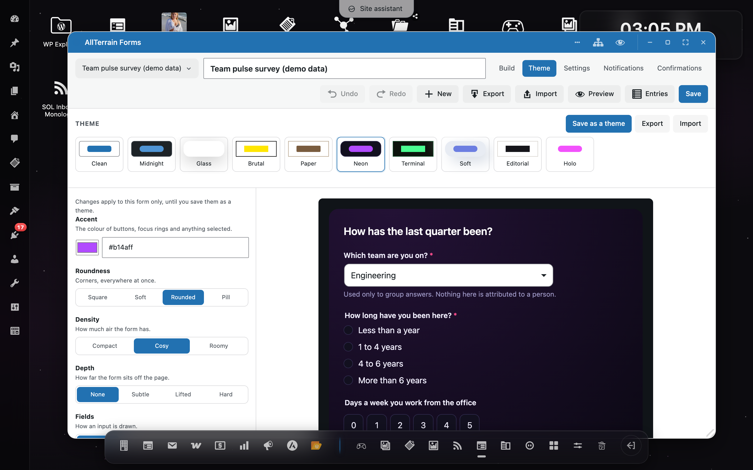 The Theme tab wearing Neon — ten built-in themes across the top, plain-language dials on the left, and a live preview that updates the instant you click.