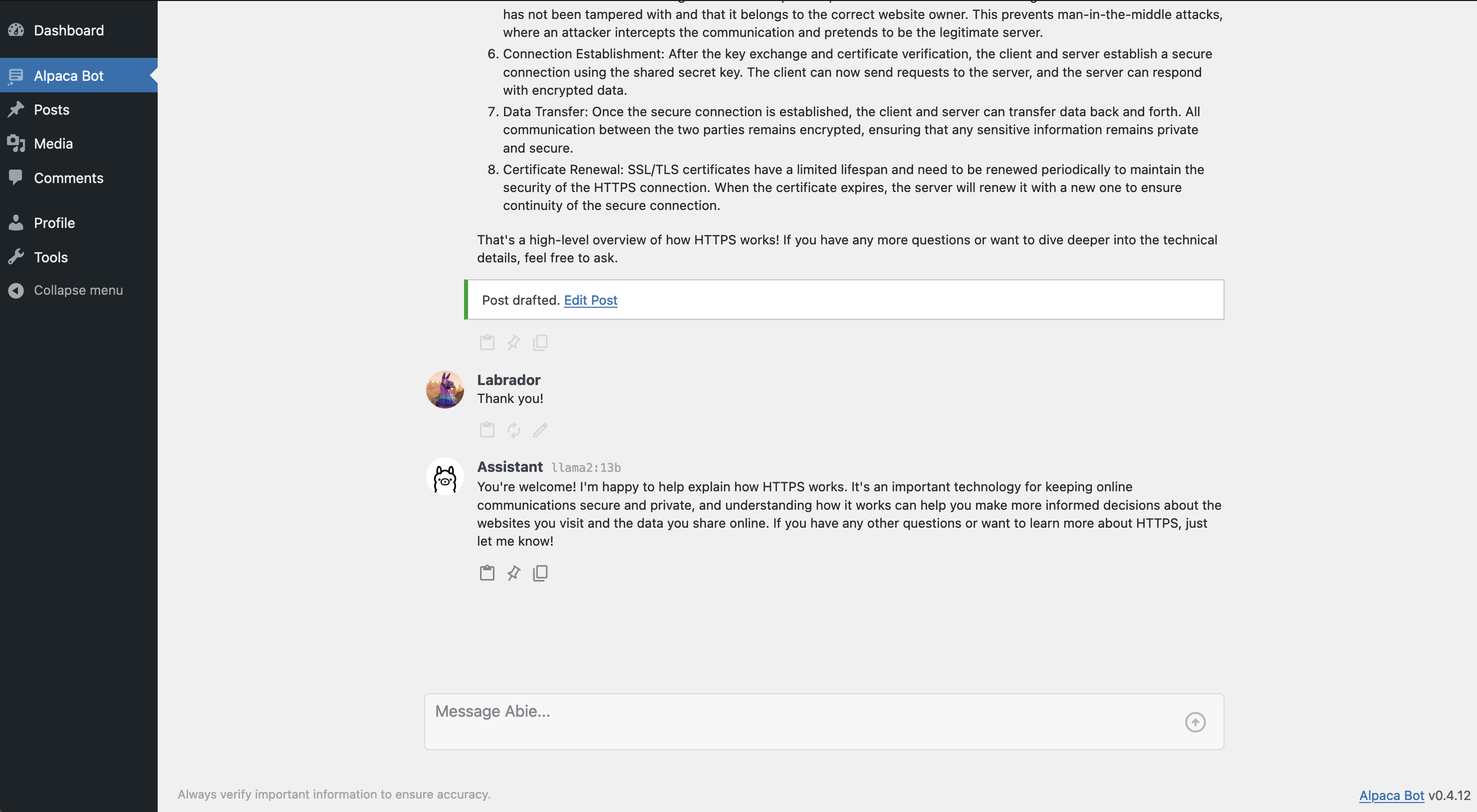 Drafting a post from generated responses.