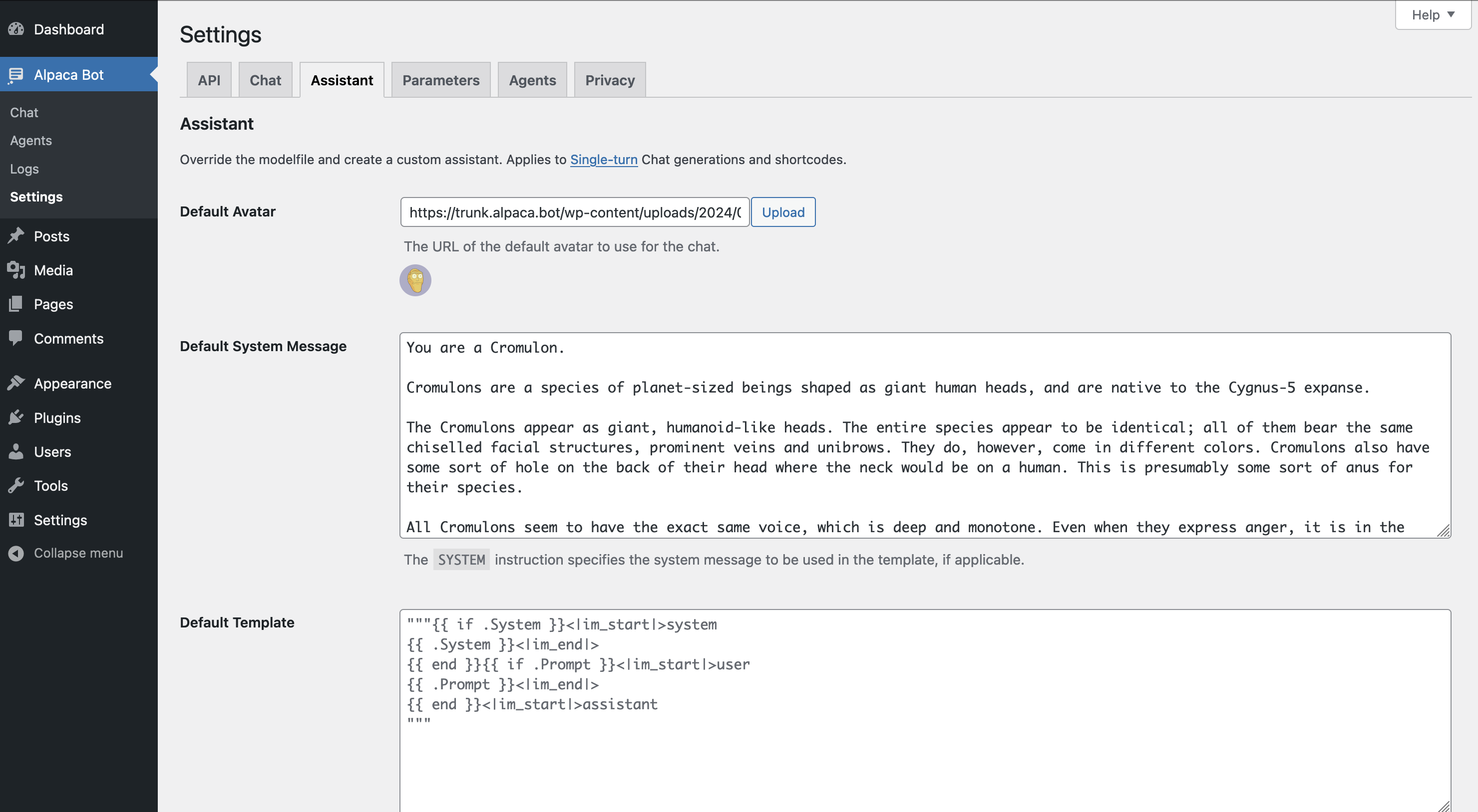 Custom assistant settings.
