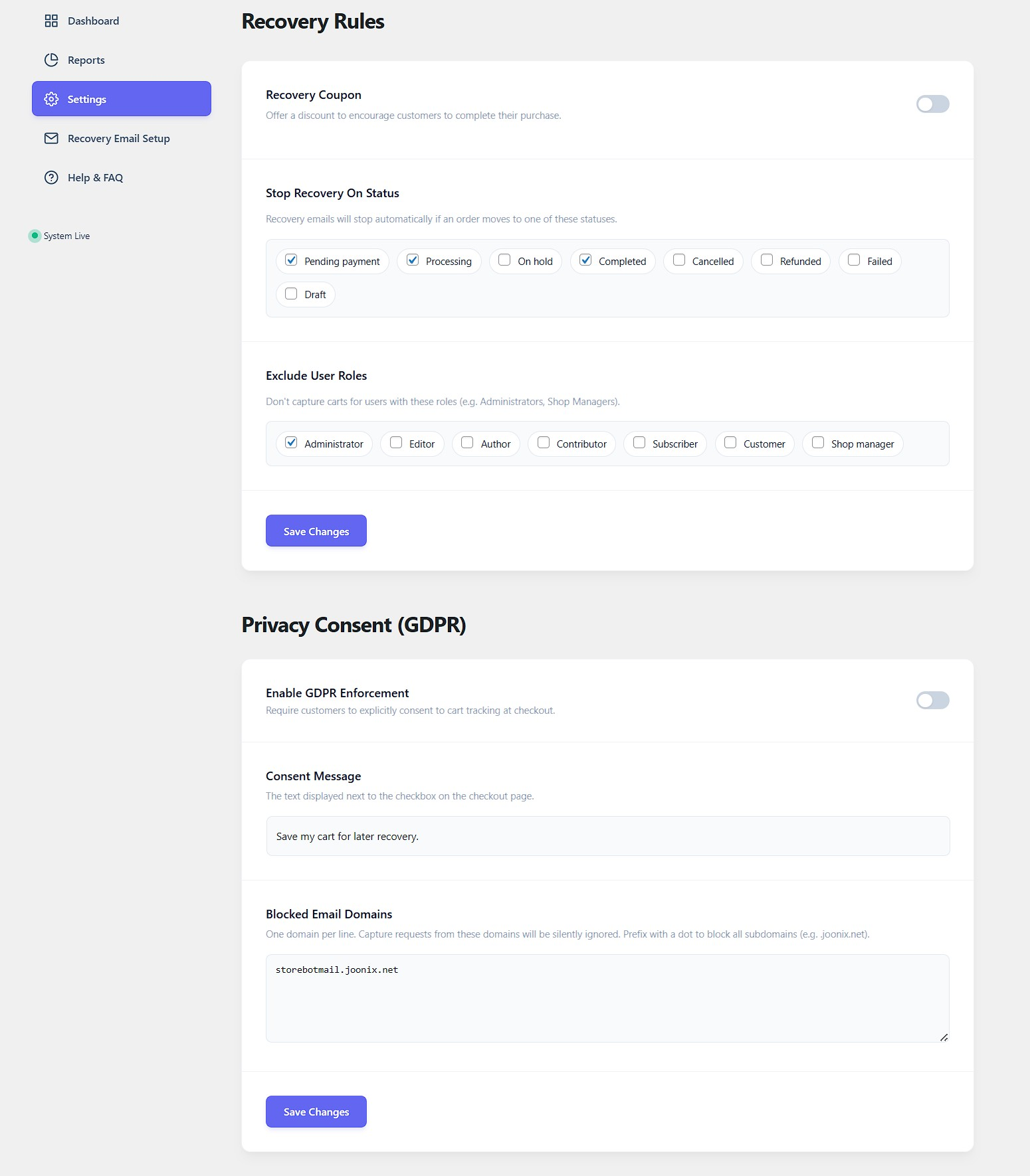 Settings with recovery rules, role exclusions, GDPR consent, and domain blocking.