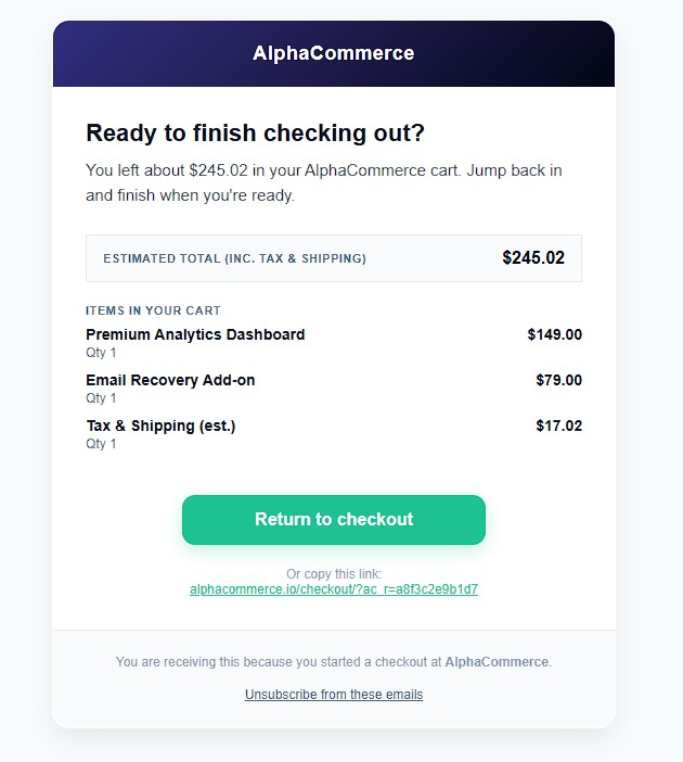 Recovery email as received by customers — one-click return to checkout.