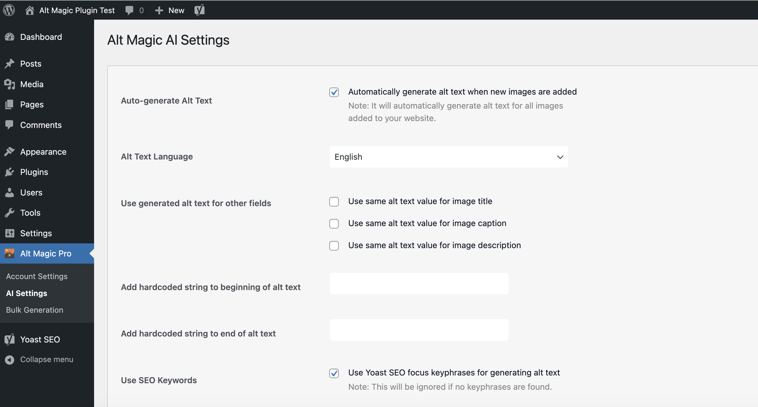 Alt text auto generation settings