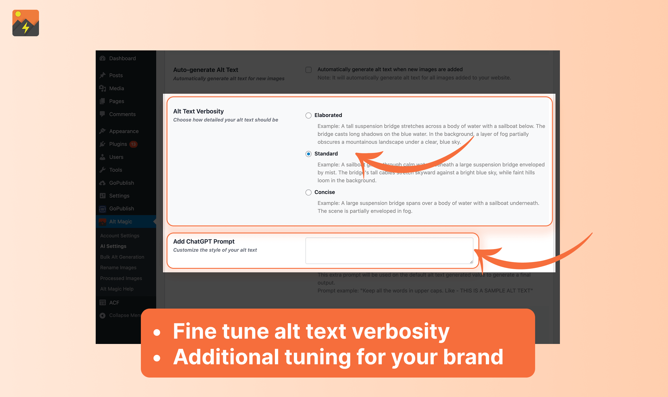 Alt text verbosity controls and custom prompt tuning