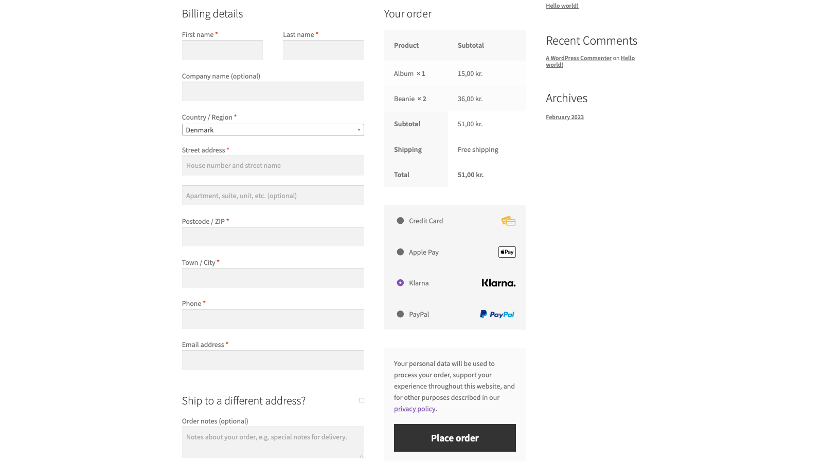 Checkout page