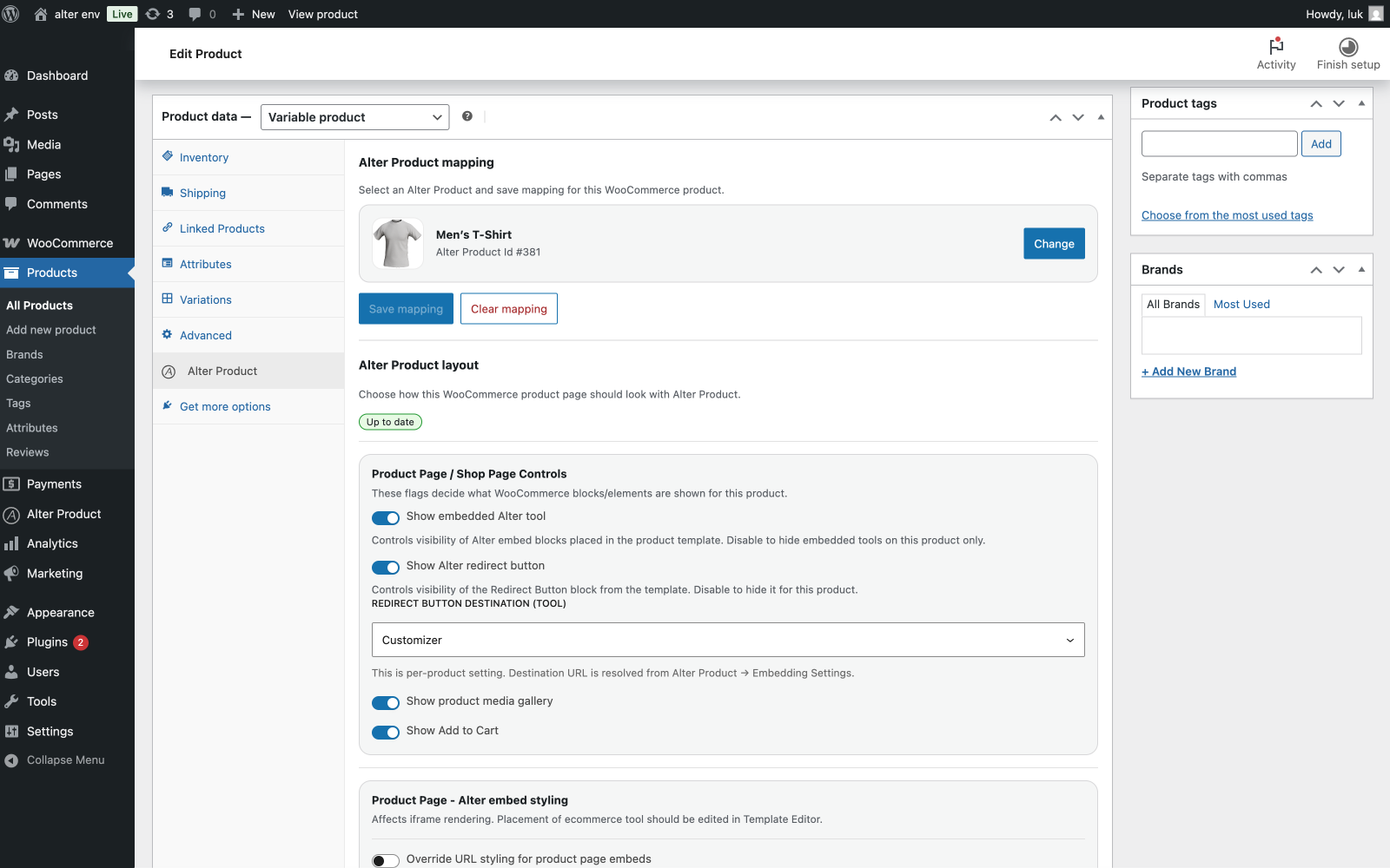 Admin panel - product mapping and settings interface