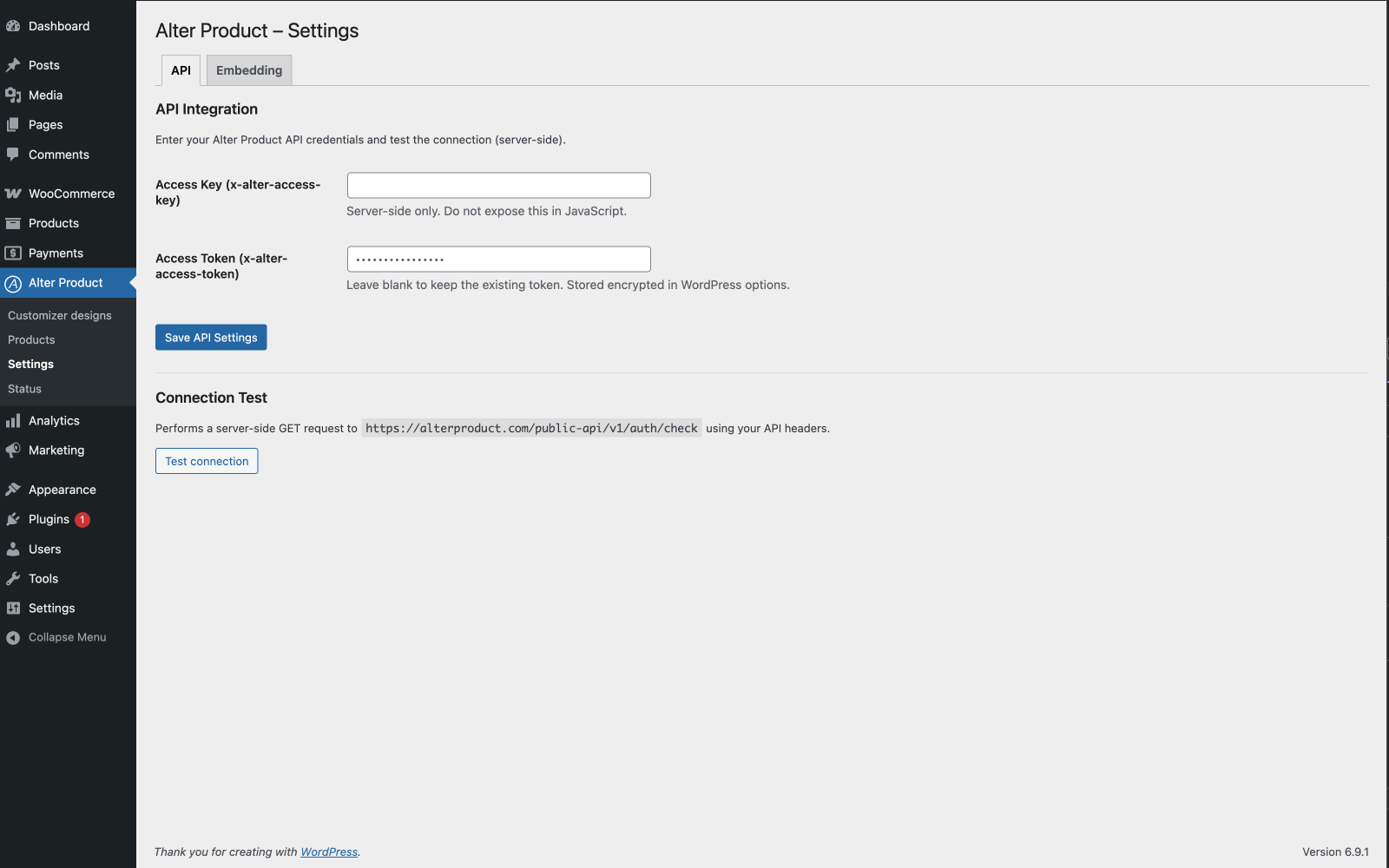 Plugin API settings screen