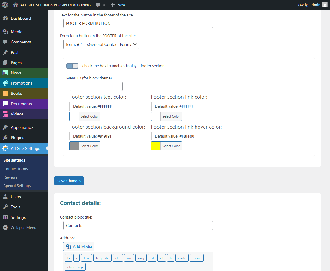 Admin Panel -> ASS Plugin Contact Forms Settings Page -> tab "Form sets" - One of the forms is expanded.