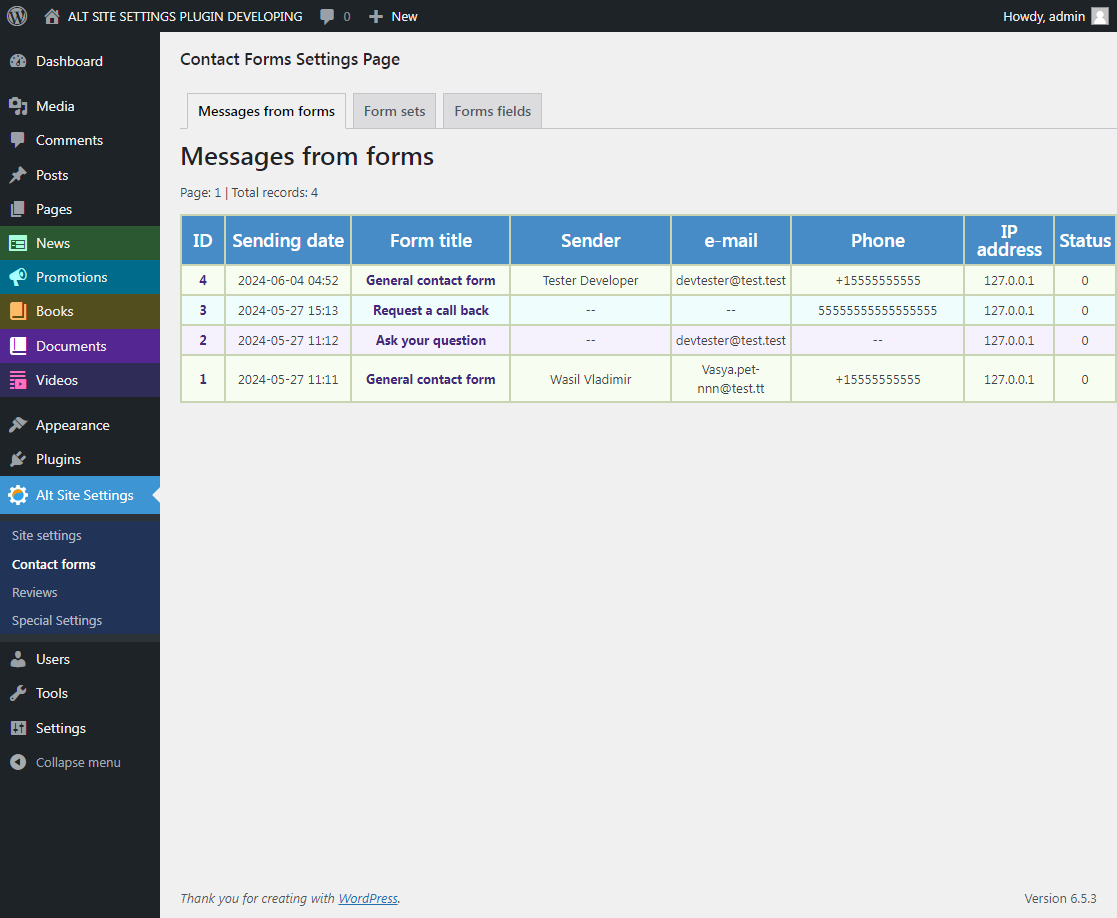 Admin Panel -> ASS Plugin Contact Forms Settings Page -> tab "Form sets" -> Modal window with a set of form fields.