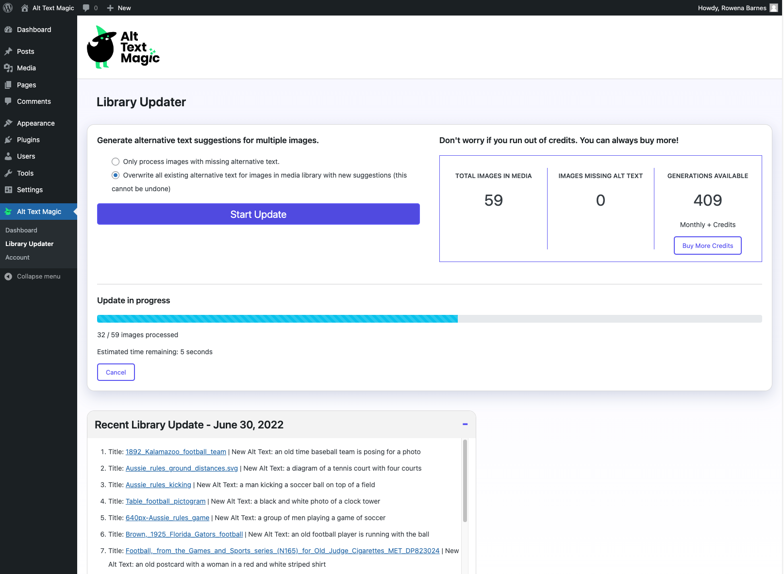 The library updater tool can be used to generate alternative text for images already in your media library.