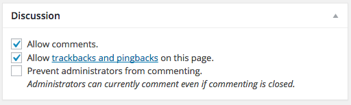 A screenshot of the `Discussion` metabox when creating/editing a post or page that allows you to override the plugin to truly disable admin commenting for the post/page. This is the form field used for versions of WordPress older than 5.0, or for versions later than 5.0 when the block editor is disabled.